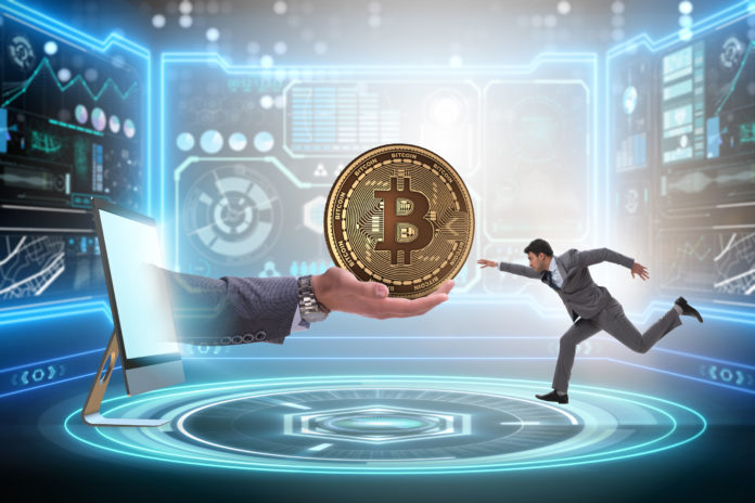 businessman in bitcoin price increase concept